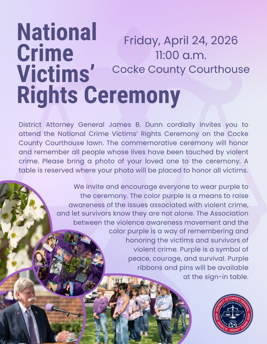 National Crime Victims’ Rights Ceremony set for April 24 - Grainger ...